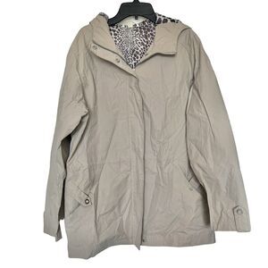 Free Country Women's Jacket Sz Medium Rain Hooded Beige Canvas  Pockets Leopard